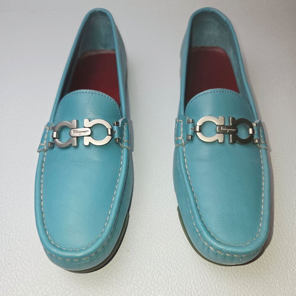 Salvatore Ferragamo Loafers Womens 7.5 AA Blue Network Leather Gancini Driver